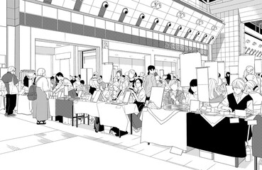 Obraz premium 漫画風ペン画イラスト アミューズメント施設_即売会場