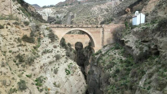Drone footage showing the historic Tablate Bridges at Beznar, Lecr&iacute;n Valley, Granada, Spain.