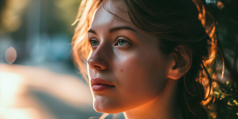 Serene young woman in soft sunset light, her profile a picture of tranquility and subtle contemplation