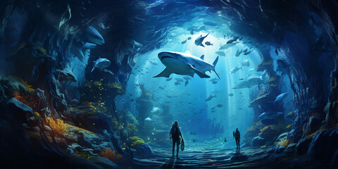 Fading depths high quality ultra Under water world wildlife animals beautiful background world water day concept Whale swimming underwater in deep blue ocean. 3D Rendering.
