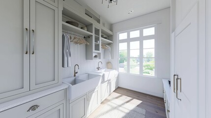 Interior Design Mock-up of a Laundry Room: Efficient with built-in cabinets, a farmhouse sink, and a bright, airy color scheme