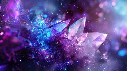 Crystalized Galaxy: An abstract background inspired by crystalline structures and celestial bodies, featuring iridescent hues of purple, blue, and silver, creating a cosmic vibe