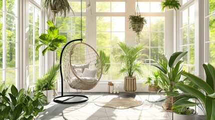 Interior Design Mock-up of a Sunroom: Peaceful with large windows, a hanging chair, and a variety of green plants - obrazy, fototapety, plakaty