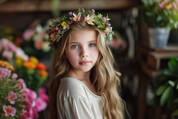 A beautiful  girl works in a flower shop