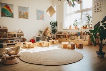 Beautiful and bright children's room with montessori wooden educational materials. Nursery school indoors in classroom, montessori learning. - obrazy, fototapety, plakaty