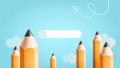 Minimal background for online education concept. Search bar with pencils, paper airplane and white cloud on blue background. Vector illustration - obrazy, fototapety, plakaty