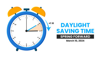 Daylight Saving Time Begins. The clock turns one hour on March 10, 2024. Spring forward concept banner. Vector illustration - obrazy, fototapety, plakaty