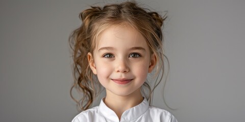 A 5 year old cheerful girl in a white school uniform, passport photography