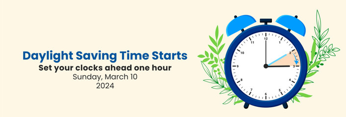 Daylight Saving Time Begins. The clock turns one hour on March 10, 2024. Spring forward concept banner. Vector illustration - obrazy, fototapety, plakaty