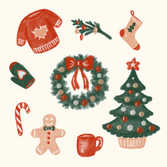 Set of Christmas festive elements for design. Christmas tree, gingerbread man, wreath, socks and candy in the vintage style
