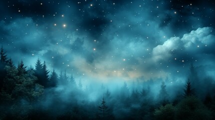 Fototapeta na wymiar Enchanted Night Sky over Foggy Forest Landscape