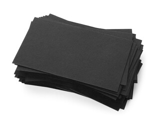Many blank black business cards isolated on white, above view. Mockup for design