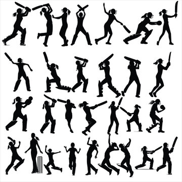 Female cricket players silhouettes collection ,Cricket silhouettes ,batting silhouettes ,bowling silhouettes