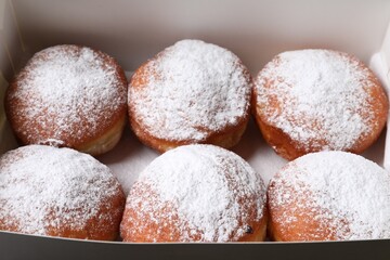Fototapeta na wymiar Delicious sweet buns with powdered sugar in box, closeup