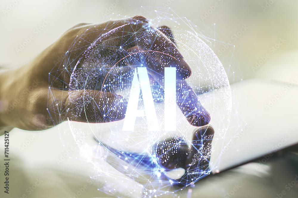 Poster creative artificial intelligence symbol concept with finger presses on a digital tablet on backgroun