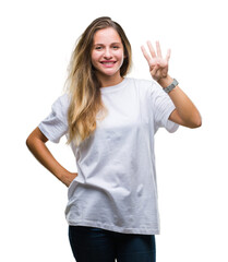 Fototapeta na wymiar Young beautiful blonde woman wearing casual white t-shirt over isolated background showing and pointing up with fingers number four while smiling confident and happy.