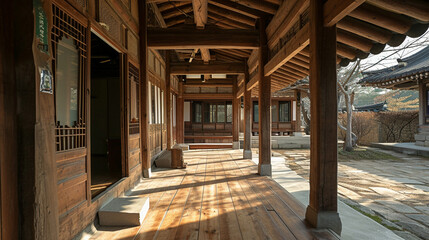 Wood floor and pillars of roof titled house at the Birthplace. AI Generative