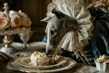 greyhound dog wearing an 18th century French style wig eats a gourmet cake