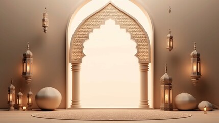 Islamic decoration background with beautiful mosque, ramadan kareem,copy space text area, 3D illustration. Generative AI