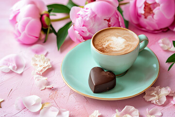 
Heart shaped chocolate praline , a cup of coffee with latte art and peonies bouquet on a pink pastel background.