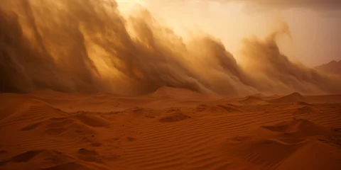 Küchenrückwand glas motiv Sandstorm in desert. wind and orange sand clouds. Dunes landscape. Generative AI © AngrySun