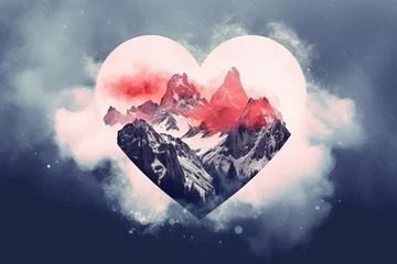 Poster Double exposure heart with love for mountains poster on a Valentine's Day background. Generative AI © Meliora