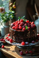 Delicious chocolate cake with fresh raspberries on the cake pan. Desserts.