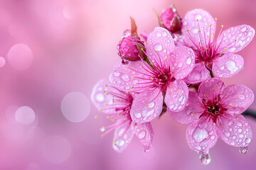 Beautiful cherry blossoms delicately covered in morning dew. Romantic background