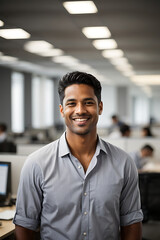 Fototapeta premium Smiling Man Standing in Office. Generative AI.
