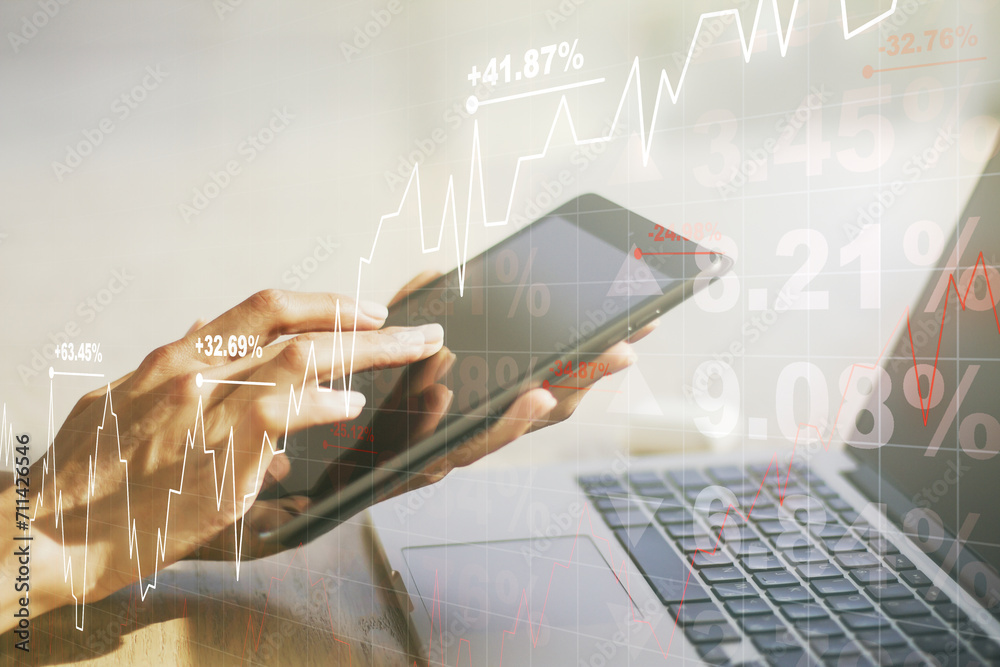 Poster multi exposure of abstract financial diagram and hand working with a digital tablet on background, b