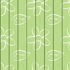 Flowers on the board pattern. Seamless pattern with the image of flowers and leaves hand-painted on the fence. Sketch on a green background. Floral pattern. Vector illustration