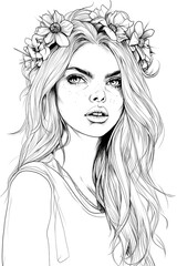 Girl with a flower behind her hair. Coloring book antistress for children and adults. Black and white illustration
