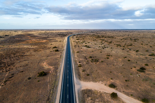 Aerial view of Eyre Highway and Nullarbor Plain near Cocklebiddy, Western Australia.