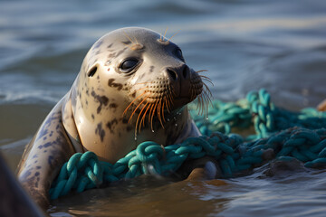Seals stuck in fishing lines, pollution in the oceans