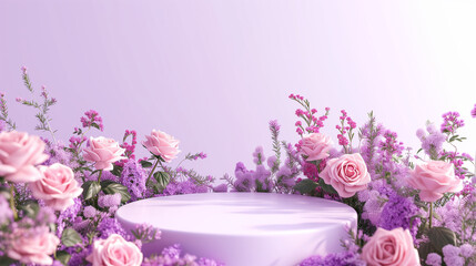 Pink Podium background flower rose product. spring table beauty stand displays nature white. Garden rose floral summer background