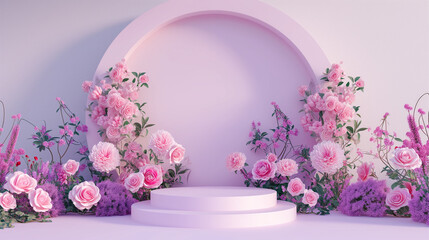 Fototapeta na wymiar Pink Podium background flower rose product. spring table beauty stand displays nature white. Garden rose floral summer background