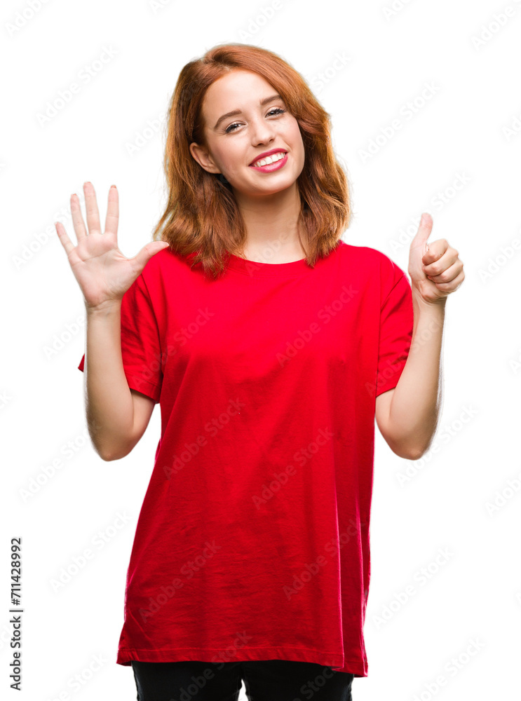 Sticker young beautiful woman over isolated background showing and pointing up with fingers number six while