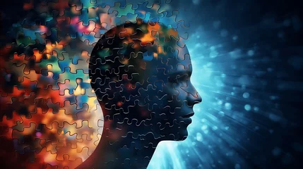 Tuinposter Emotional intelligence and communication skills concept. Human head silhouette with jigsaw puzzle pieces. © елена калиничева