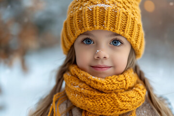 girl child on a winter background, in a knitted hat and scarf