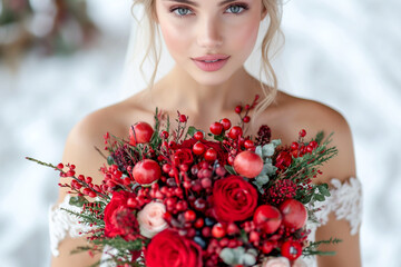 portrait beautiful girl with bridal bouquet of roses, bride holding bouquet, pink roses, wedding day