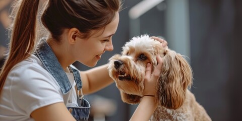 A young female professional groomer trimming a cute dog. Pet spa grooming salon