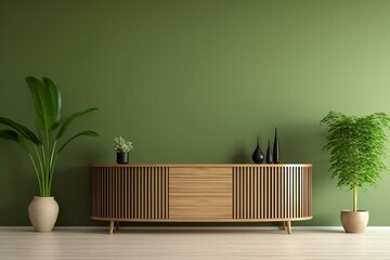 Green interior with blank wall, curved slat sideboard and plants in trendy living room. Generative AI