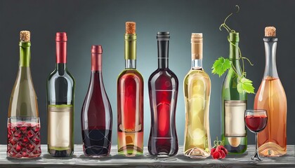 Set of bottles with different drinks. Row of bottles of red wine, white wine, liquors and other beverages