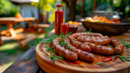 Grilled spicy sausages on summer barbecue setup.
