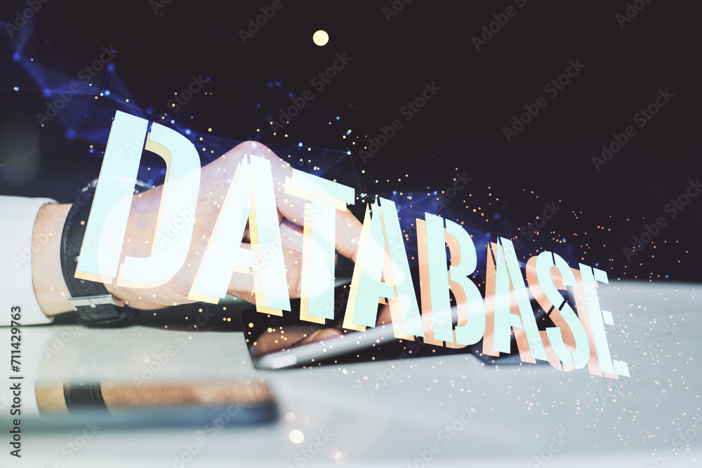 Poster double exposure of database word sign with finger clicks on a digital tablet on background, global r