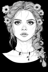 Girls portraits with flower on hand. for coloring book. black background