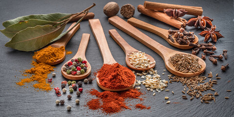 Various types of spices on wooden spoons on a gray stone table.
