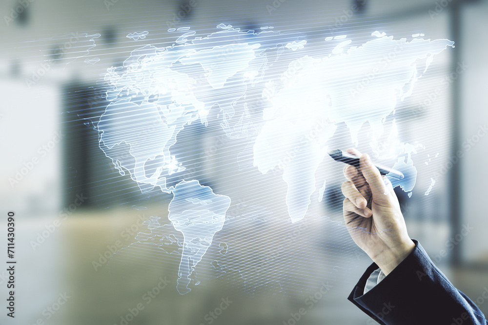 Poster multi exposure of businessman hand with pen working with abstract creative digital world map hologra