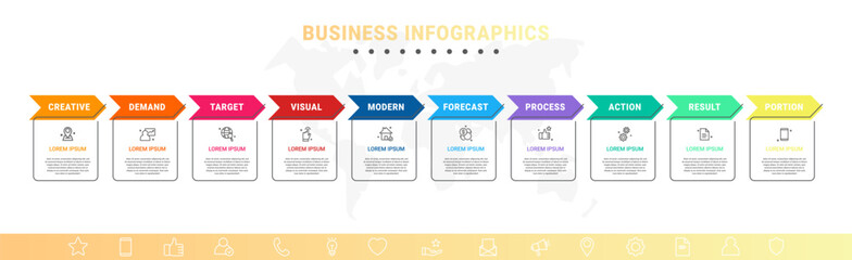 Vector concept of infographics with arrow business model for 10 successive steps. Ten colorful timelines with rectangular elements. Modern design for brochure, and presentation