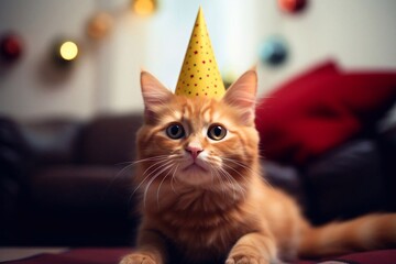 Cute red cat lying on the couch in party hat. Kitten birthday, happy pet.
